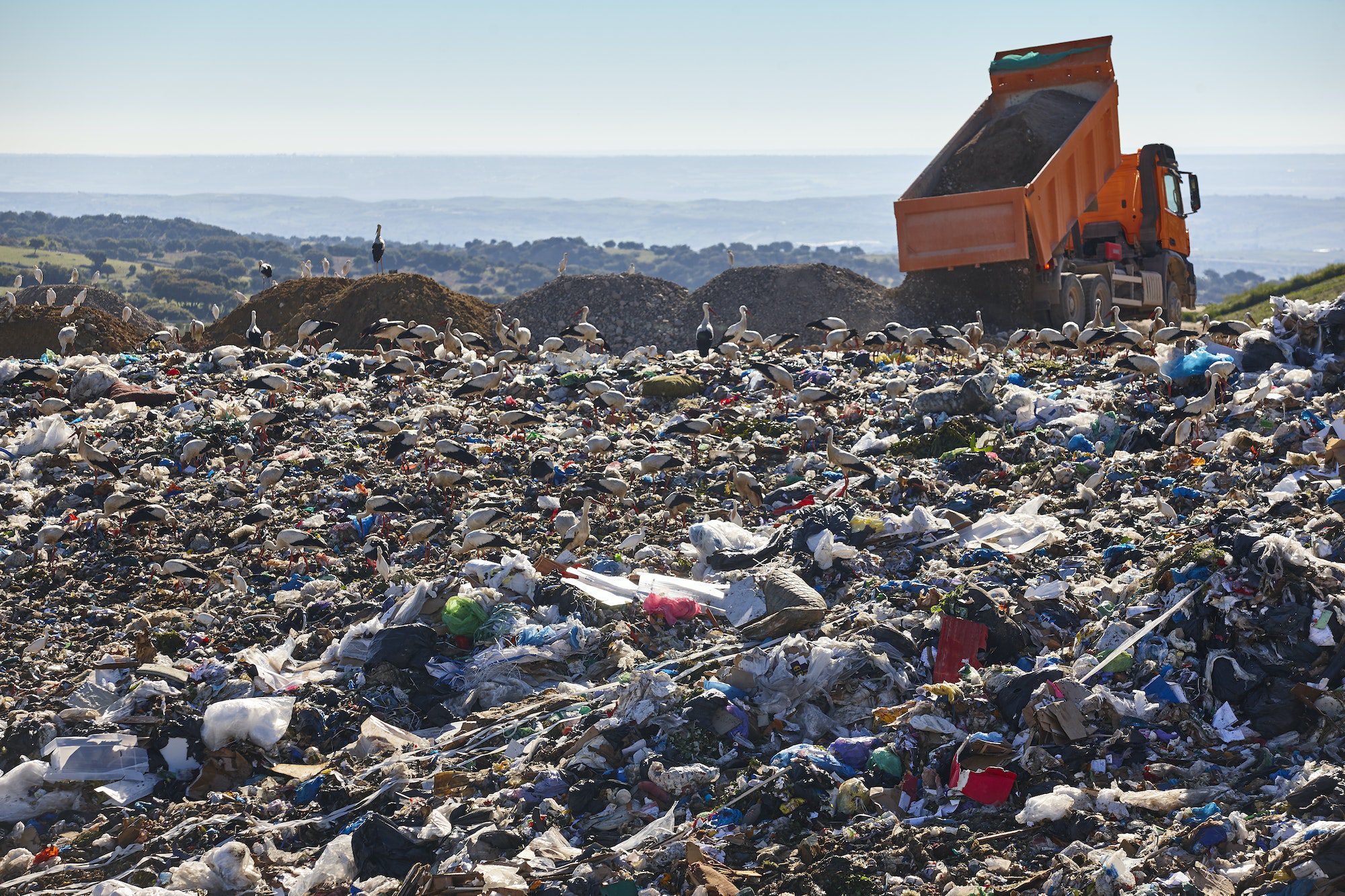 Truck unloading soil at a landfill site. Environmental damage. Waste